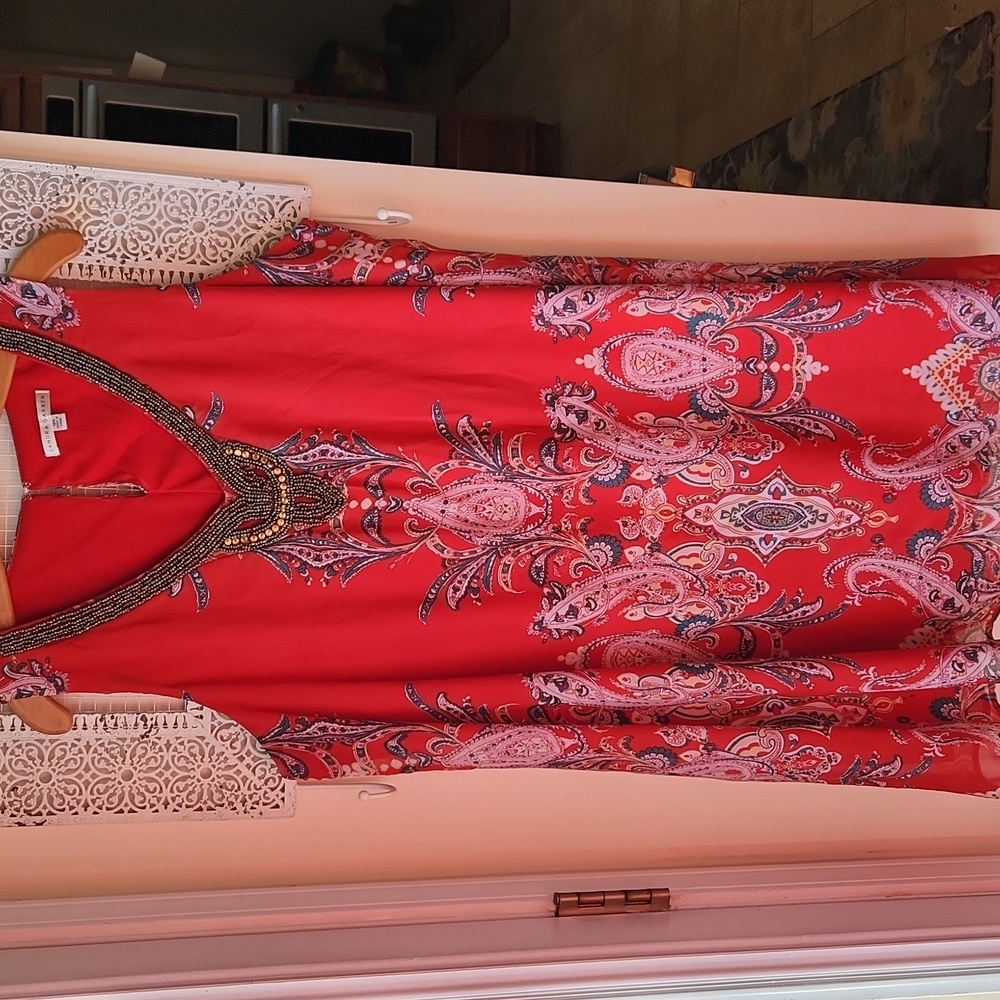 SANDRA Darren Orange Rust‎ Beaded Neck Sleeveless Shift Dress Size 16